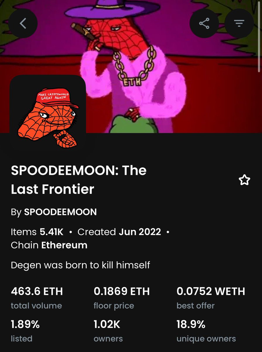 OnchainRambo's tweet image. Spoodeemoon NFT run up will be one for the history books

I bought over 20 of these sub 0.009 ETH. 

Why? It’s one of the only authentic, long lasting (4+ years) cult communities in crypto

Also, it’s SPOODEEMOON