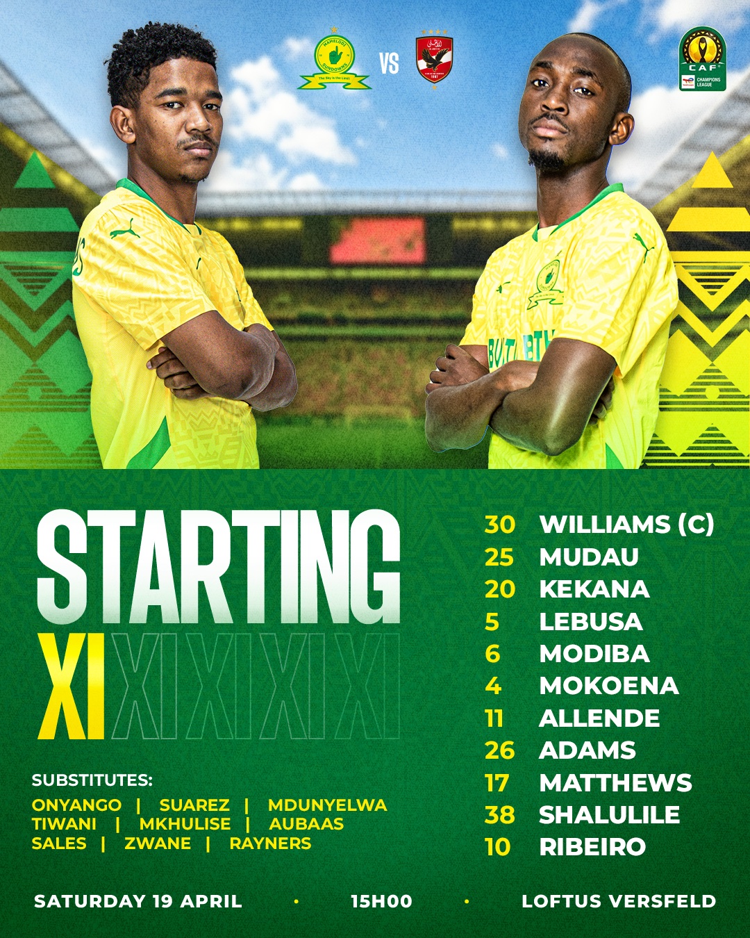 تشكيلة ماميلودي صنداونز الجنوب أفريق. (إكس) 