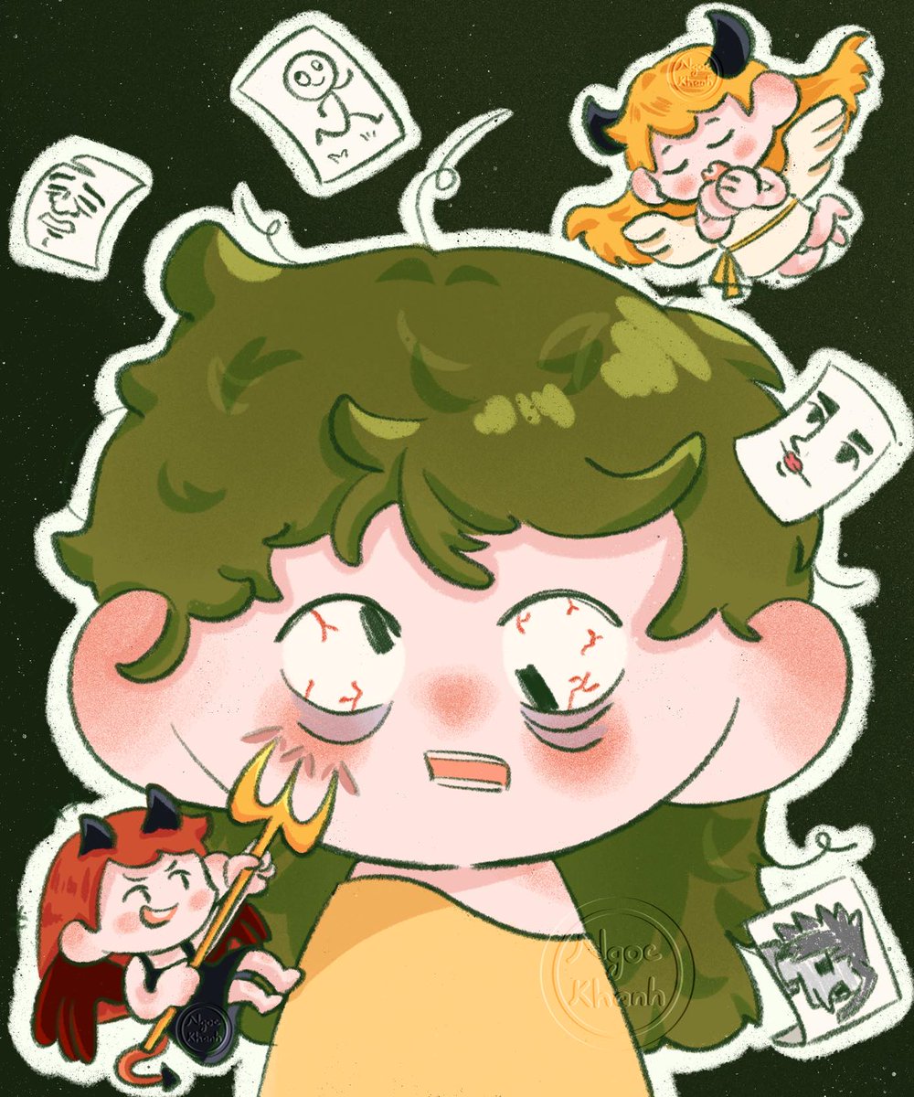 khanhnguyen0206's tweet image. Me everyday fighting to choose whether to draw meme or serious image. There&apos;re no angel in the pic, just evils in disguise 😂
#illustration #fun #meme #イラスト #ゆるいイラスト #かわいいイラスト