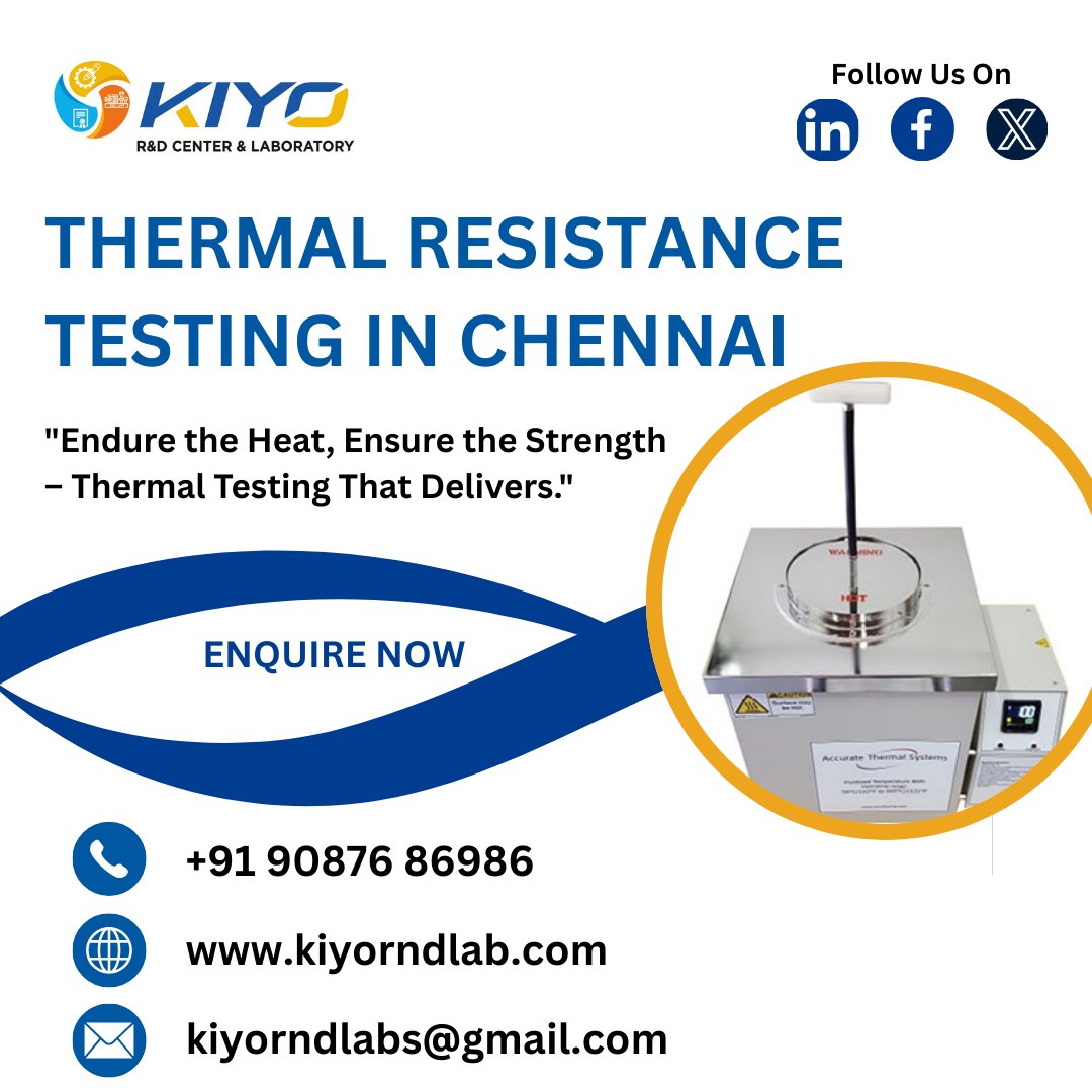 Kiyorndlab's tweet image. 🔥 Ensure your materials endure the heat!
Kiyo R&amp;amp;D offers precise Thermal Resistance Testing in Chennai to guarantee strength &amp;amp; reliability.
📍 Chennai | 🧪 Trusted Lab Services

#ThermalTesting #MaterialsLab #KiyoLabs #Chennai #EngineeringExcellence