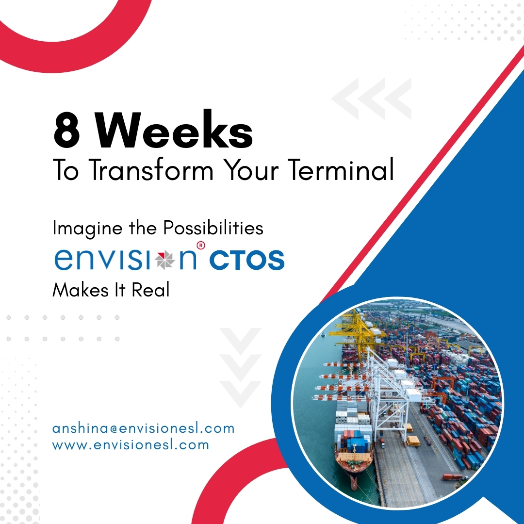 Envisionesl's tweet image. Just 8 weeks to transform your terminal.
Imagine the possibilities — Envision CTOS turns vision into reality.
#DigitalTransformation #QuickImplementation #PortOperations #EnvisionCTOS