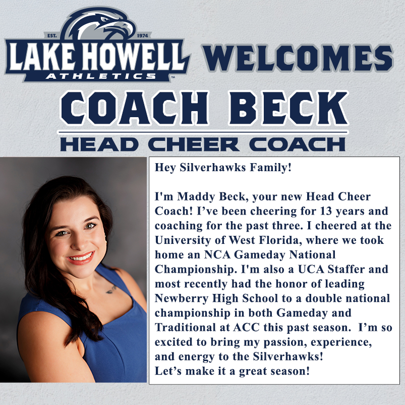 Lake Howell Athletics (@lhhs_athletics) on Twitter photo Introducing our newest Silverhawk! Cheerleading - Coach Beck! <a href="/lake_howell/">Lake Howell High</a> @Ihhssga @southseminoleacademy @twms_ptsa #WeAreOne #HawkFamily #CommitmentToExcellence Introducing our newest Silverhawk! Cheerleading - Coach Beck! <a href="/lake_howell/">Lake Howell High</a> @Ihhssga @southseminoleacademy @twms_ptsa #WeAreOne #HawkFamily #CommitmentToExcellence