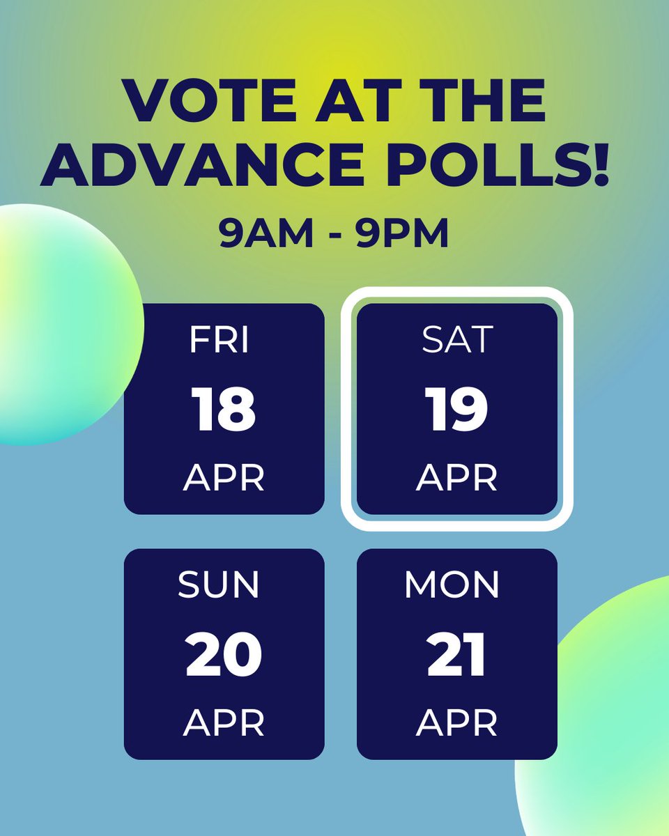 Another day, another chance to vote! Advance polls open today, April 19th from 9am to 9pm! 

Find your advance polling location at howyouvote.ca!