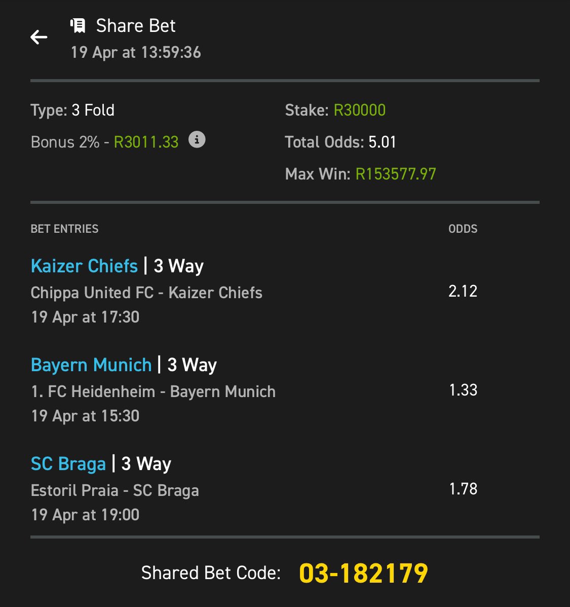 Bayern Munich to win
Kaizer Chiefs to win
Braga to win

Link to ticket 👇🏾
easybet.co.za/sports?bookedB…

Easy 5 odds. Win this easy cash on <a href="/Easybet_SA/">Easybet South Africa</a> , ehhh get R50 free when you use promo code PK50 to sign up up here👇🏾
ebpartners.click/o/M7Ex7M