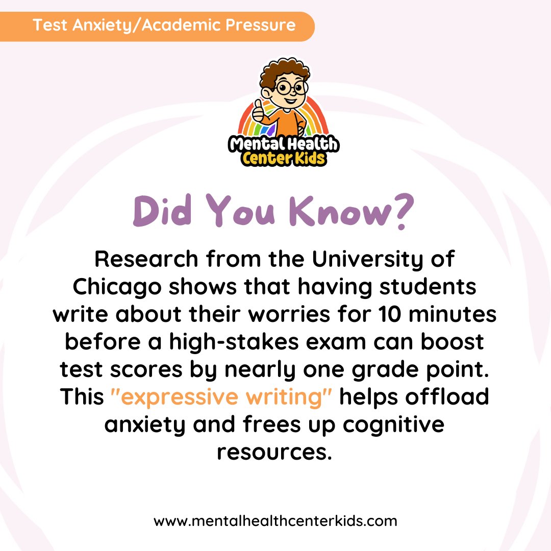 MHCenterKids's tweet photo. Pre-exam writing boosts test scores. How do you help students prep mentally for exams?

#ExpressiveWriting #TestPrep https://t.co/AsAVZBYZac