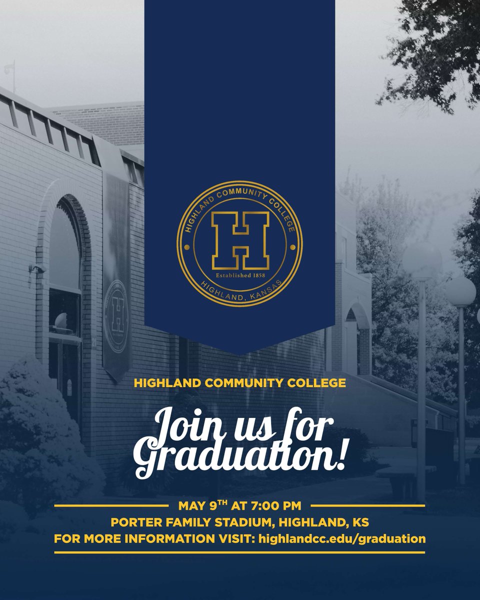 Highland (HCC) (@highlandcc) on Twitter photo Mark your calendars to join us to celebrate this year's graduates! Commencement will be Friday, May 9 at 7 pm at Porter Family Stadium in Highland, Kansas. For more information, visit ow.ly/J85f50VBN53
#Classof2025 #2025Graduates #ScottieNation #HCCAlumi Mark your calendars to join us to celebrate this year's graduates! Commencement will be Friday, May 9 at 7 pm at Porter Family Stadium in Highland, Kansas. For more information, visit ow.ly/J85f50VBN53
#Classof2025 #2025Graduates #ScottieNation #HCCAlumi
