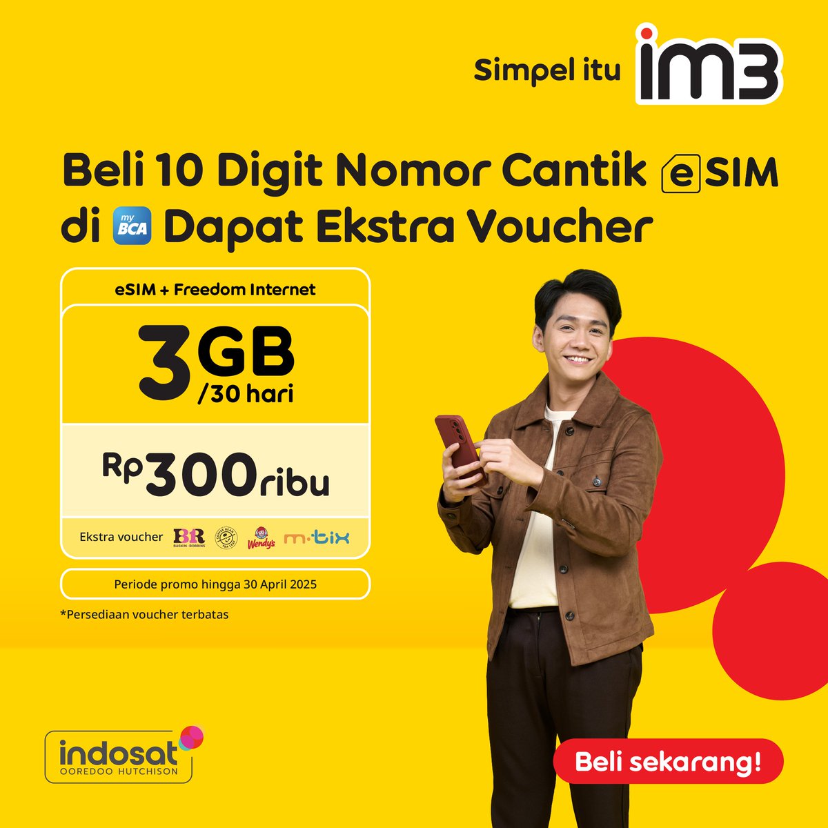 indosatim3's tweet photo. Biar makin kece, nomor kamu juga harus kece dong!
Beli nomor cantik 10 digit + eSIM Freedom Internet 3GB cuma Rp 300 ribu, dapet ekstra voucher Baskin Robbins, mTix, dan masih banyak lagi!
Langsung cek di myBCA sekarang, jangan sampe kehabisan nomornya! ๐๐ฑ
#SimpleItuIM3 https://t.co/8UUMLSrKTV