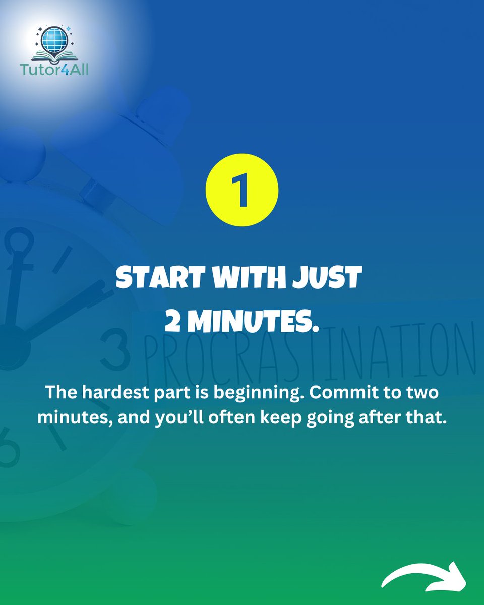 thetutor4all's tweet photo. Struggling with procrastination? Try these tips:

Start with just 2 minutes.
Keep a short to-do list (3-5 tasks).
Use Pomodoro: 25 min study, 5 min break.
Pair studying with something fun.
Reward small wins.

Stay consistent and celebrate progress! #GCSE #ALevel #StudyTips #Focus https://t.co/PAtFpjLxO0