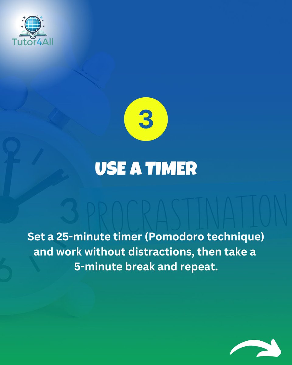 thetutor4all's tweet photo. Struggling with procrastination? Try these tips:

Start with just 2 minutes.
Keep a short to-do list (3-5 tasks).
Use Pomodoro: 25 min study, 5 min break.
Pair studying with something fun.
Reward small wins.

Stay consistent and celebrate progress! #GCSE #ALevel #StudyTips #Focus https://t.co/PAtFpjLxO0