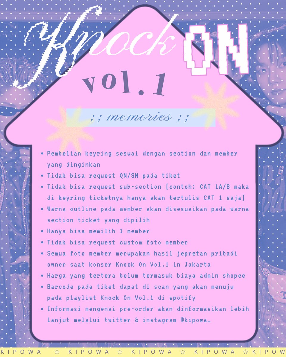 Knock On Vol.1 Memories Keyring⭐️
by kipowa

price: 
47.000 -> 1 ticket + 1 member

🌀 double acrylic
🧬 ± 8cm
🫧 3mm thickness
🖨️ uv printed

PRE-ORDER NOW:
forms.gle/Z6oFMAKPbmj5n4…