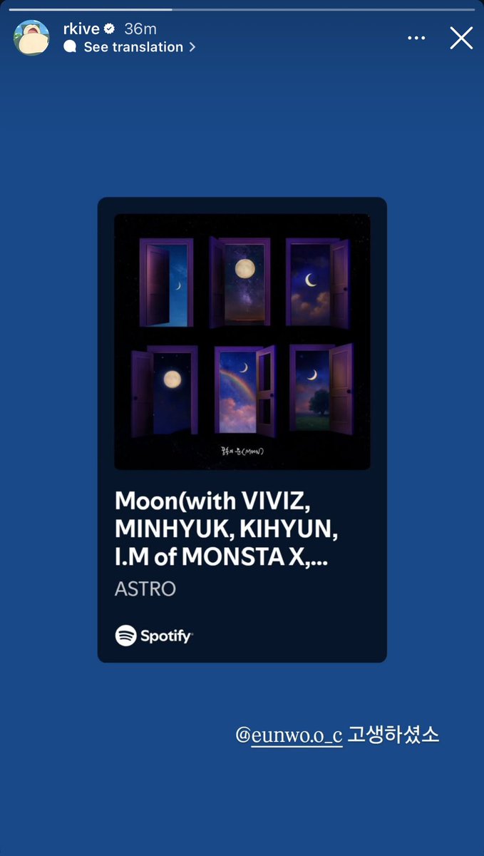BTSAnswerBr's tweet photo. 📱INSTAGRAM — #RM (@.rkive) story;

🎵 ‘Moon’ (with VIVIZ, MINHYUK, KIHYUN,I.M of MONSTA X) - ASTRO

Namjoon marcou Cha Eunwoo;
🐨: @/eunwo.o_c  Você trabalhou duro

— A música é uma homenagem à memória de Moonbin do ASTRO, que faleceu há dois anos. Cha Eunwoo organizou e coordenou o projeto. 💜