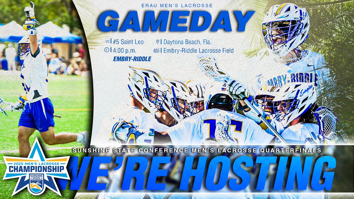 ERAUAthletics's tweet photo. It's @D2SSC Tournament time, we're hosting, and all are welcome‼️

📍 Daytona Beach, Fla.
🏟️ Embry-Riddle lacrosse Field 
⏰ 4:00 p.m. 
🆚 #5 Seed | @saintleomlax 
📈 https://t.co/RLSqgdXj6b..
🔗 https://t.co/rTMcVQuJRb 

#GoERAU // #DaytonasHometownTeam // #NCAALAX https://t.co/REgyHNEozo