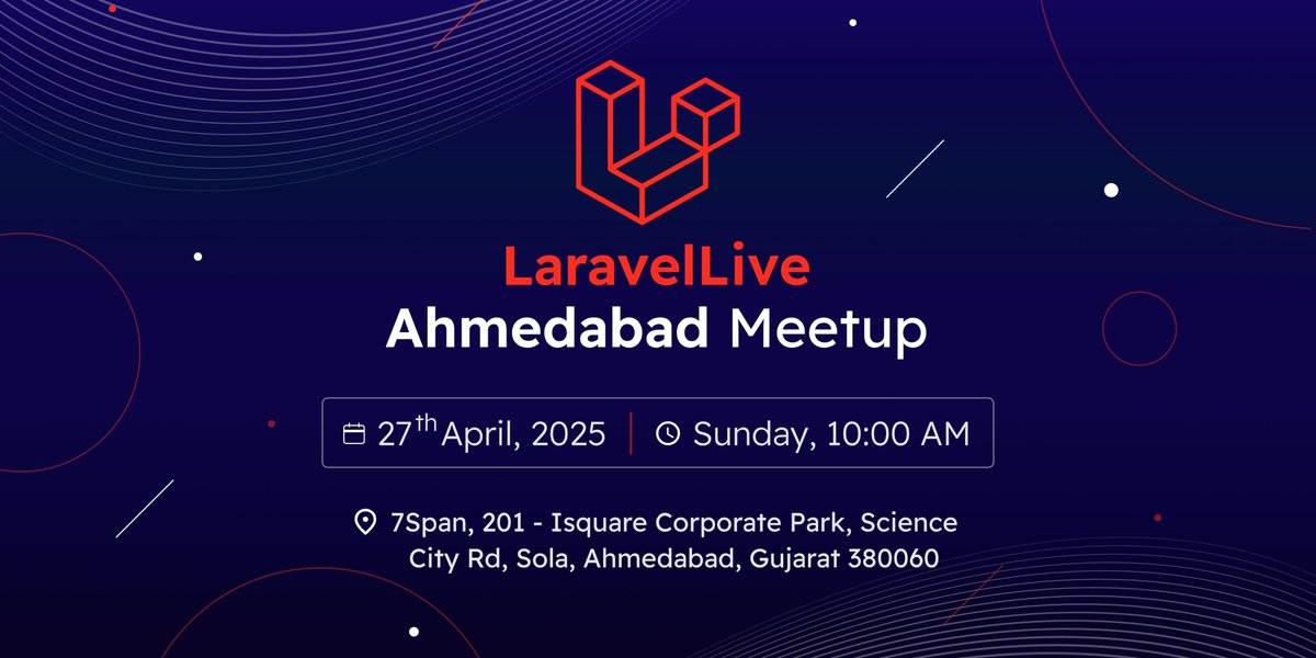 LaravelAhm's tweet image. The Laravel Ahmedabad April Meetup is here and it's going to be 🔥!
Join us on April 27th at 10 AM at 7Span for learning and networking!
📍 7Span, Isquare Corporate Park, Sola, Ahmedabad
🎟️ Register now: bit.ly/laravel-ahm-ap…
#LaravelAhmedabad