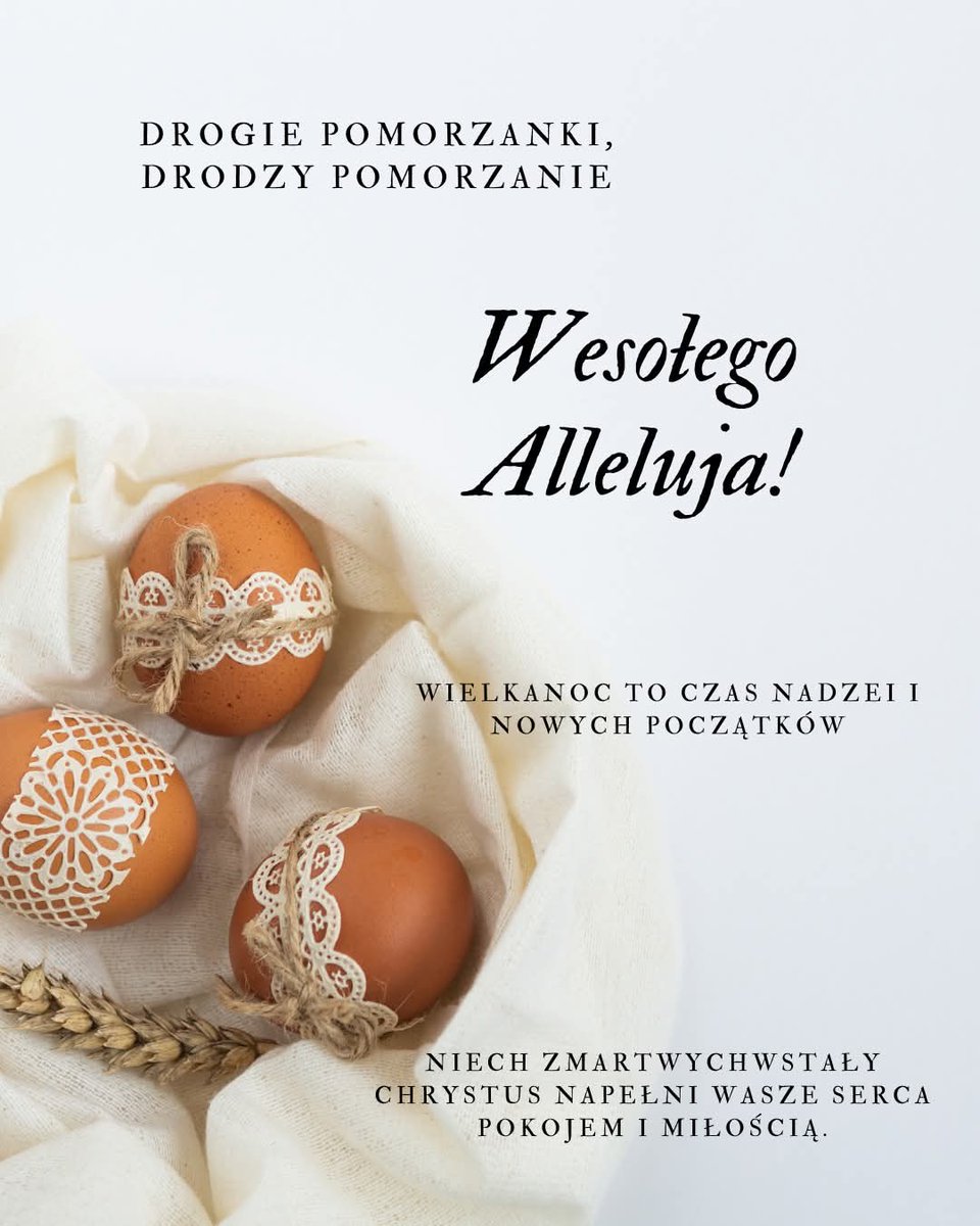 Drogie Pomorzanki i Drodzy Pomorzanie! 
Z okazji Świąt Wielkanocnych składam najserdeczniejsze życzenia - zdrowia, miłości i pokoju. Niech ten czas napełni każdego nową energią i wiarą w lepsze jutro. Wesołego Alleluja!