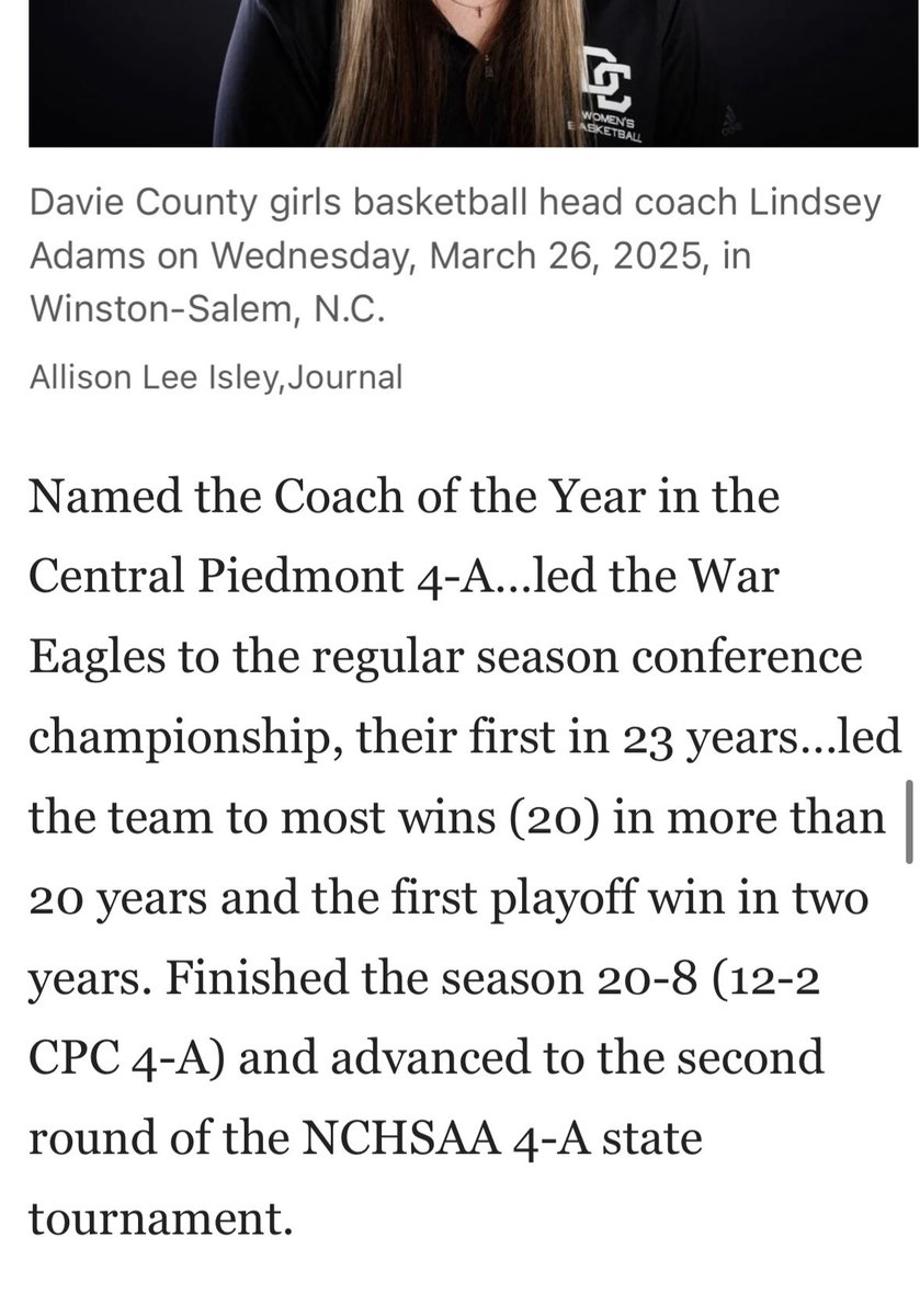 Congratulations to <a href="/CoachLAdams/">Lindsey Adams</a> for being selected All-Area Co-coach of The Year! <a href="/JournalNow/">Winston-Salem Journal</a> <a href="/Marc_Pruitt/">Marc Pruitt</a>