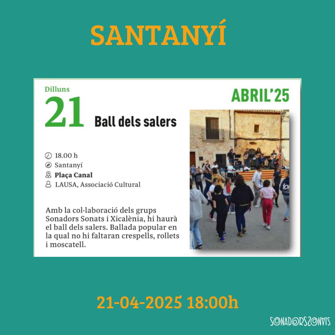El dilluns de pasqua serem a Santanyí amb motiu del ball dels salers, allà podreu ballar i disfrutar dels rotllets. Ho farem acompanyats de xicalènia!