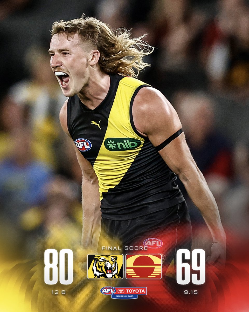 AFL's tweet photo. THE TIGERS WITH A MASSIVE UPSET 🤯

#AFLTigersSuns https://t.co/W7PSud8Sd5