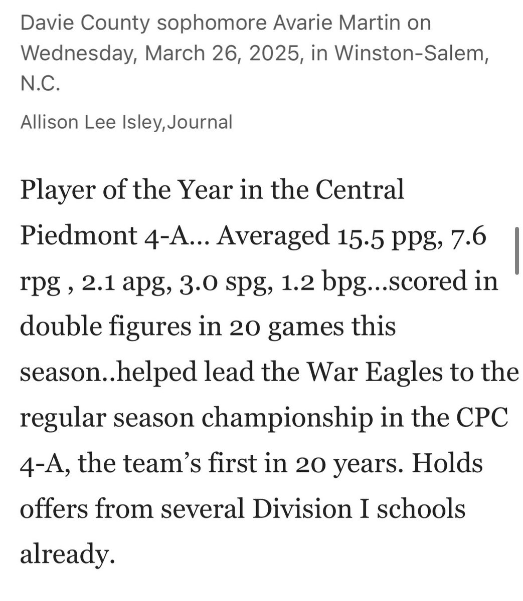 Congratulations to <a href="/AvarieM24/">Avarie Martin</a> for being selected on the Fantastic 15 All-Area Girls basketball team! <a href="/JournalNow/">Winston-Salem Journal</a>  <a href="/Marc_Pruitt/">Marc Pruitt</a>