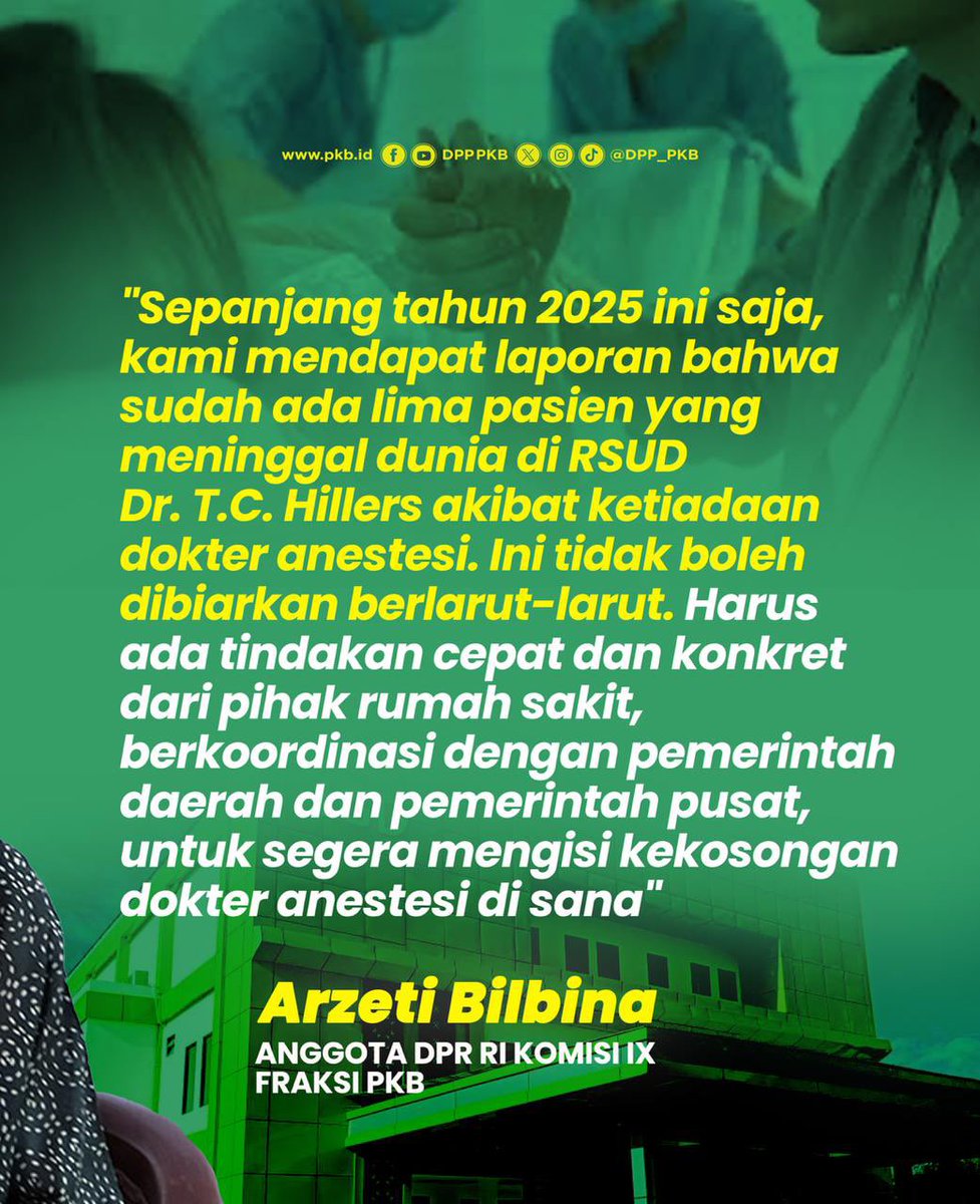 DPP_PKB's tweet photo. 5 pasien meninggal di RSUD Dr. T.C. Hillers, Maumere, NTT akibat tak ada dokter anestesi. 

Legislator PKB, Arzeti Bilbina desak pihak rumah sakit dan pemerintah segera bertindak atas kekosongan tenaga medis. Jangan tunggu korban lain! @arzeti_bilbina 

#DaruratKesehatan #FraksiPKB