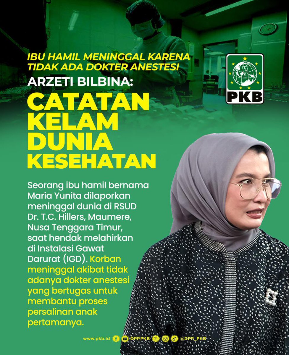 DPP_PKB's tweet photo. 5 pasien meninggal di RSUD Dr. T.C. Hillers, Maumere, NTT akibat tak ada dokter anestesi. 

Legislator PKB, Arzeti Bilbina desak pihak rumah sakit dan pemerintah segera bertindak atas kekosongan tenaga medis. Jangan tunggu korban lain! @arzeti_bilbina 

#DaruratKesehatan #FraksiPKB