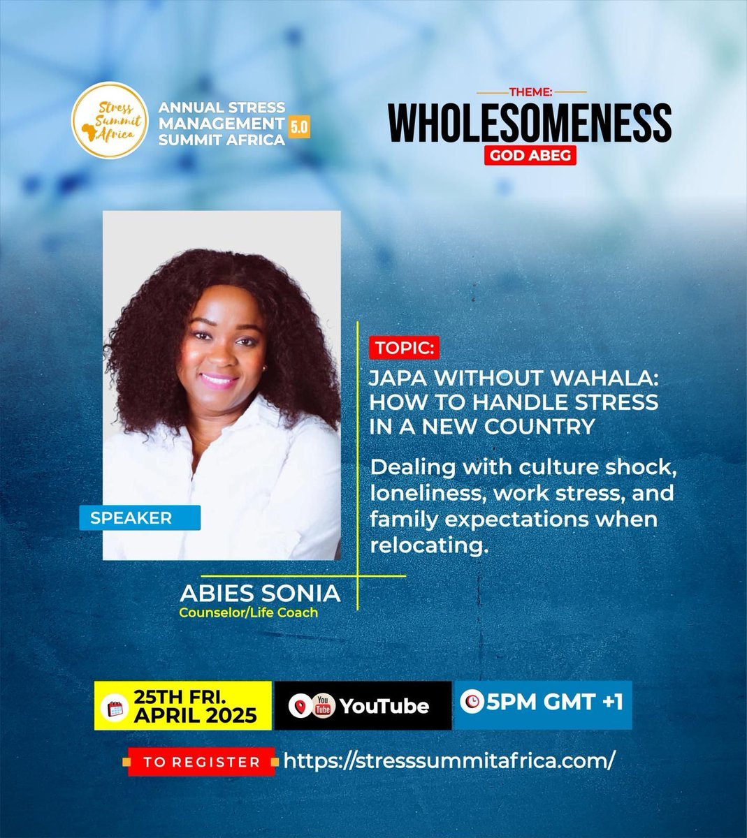 Meet the Day 1 expert speakers and topics  at the Stress Management Summit Africa 5.0

Will you be joining us at this epoch making event?

Hurry now and secure your free seat at bit.ly/StressSummitAf…

#SMSA2025 #Stressmanagementsummitafrica2025