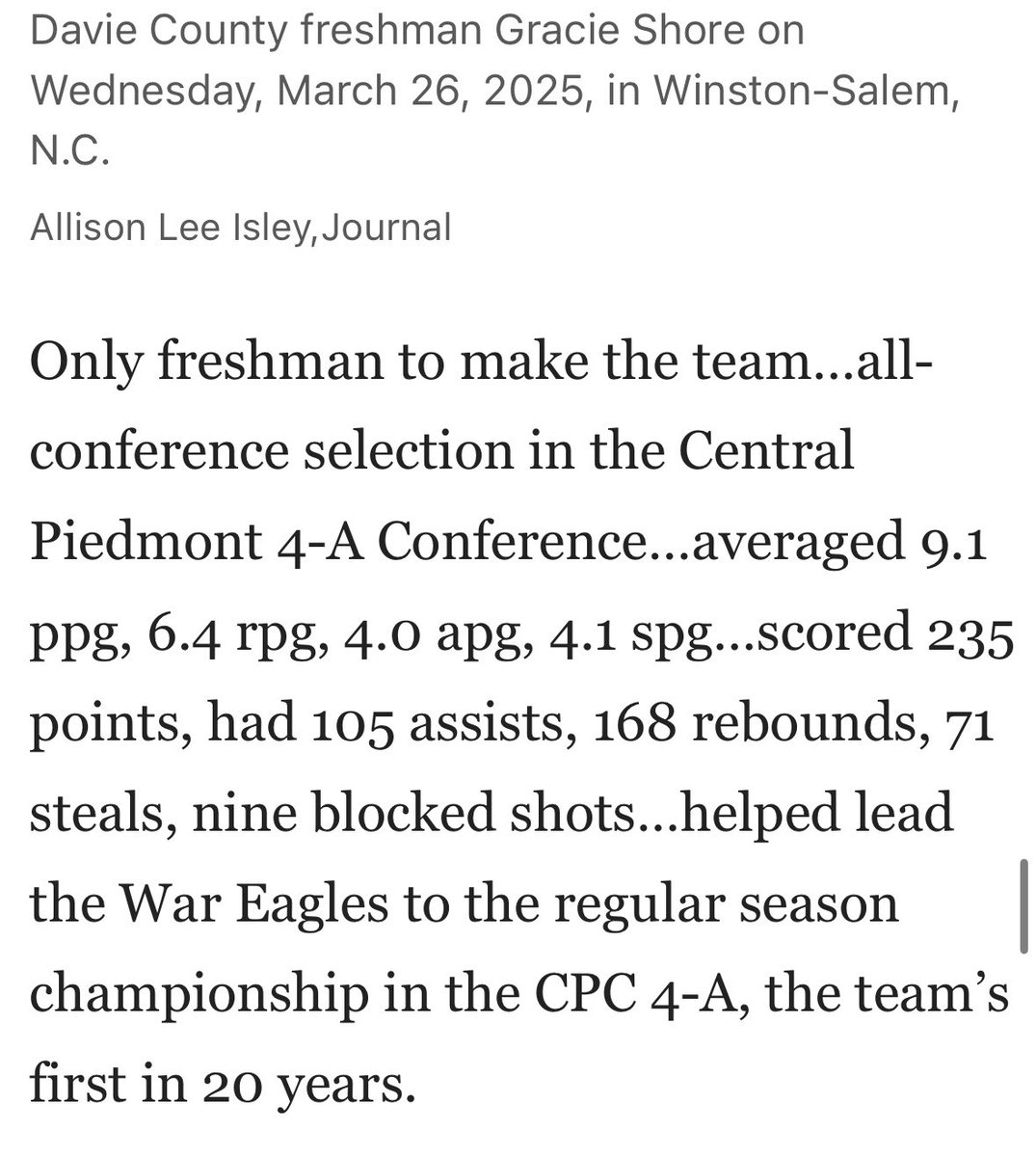 Congratulations to Freshman <a href="/Gracie_Shore22/">Gracie Shore</a> for being selected on the Fantastic 15 All-Area Girls Basketball Team! <a href="/JournalNow/">Winston-Salem Journal</a> <a href="/Marc_Pruitt/">Marc Pruitt</a>