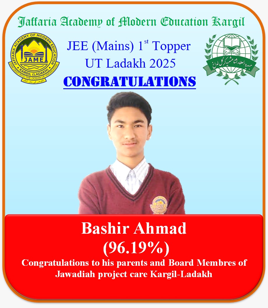 #ProudMoment! Huge congratulations to Bashir Ahmad from #JPC  <a href="/JUIAK_Ladakh/">Jamiat ul Ulama Isna Asharia Kargil-Ladakh</a> for making history by topping JEE (Mains) in UT Ladakh! We're thrilled to see his hard work pay off. Wishing him a bright future ahead! #JawadiaProjectCareJPC #JAME #JEEtopper #LadakhProud <a href="/NazirMehdi_/">S.Nazir Mehdi Mohammadi</a>
