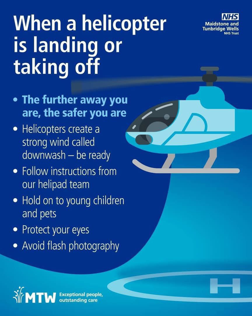 If you are visiting  <a href="/MTWnhs/">Maidstone and Tunbridge Wells NHS Trust</a> sites you may well see a helicopter landing or taking off - here’s some tips to make sure you, we and the aircraft are stay safe. Oh and they can be quite loud too! Our friends <a href="/airambulancekss/">Air Ambulance Charity Kent Surrey Sussex</a> are a charity so please support their life saving work!