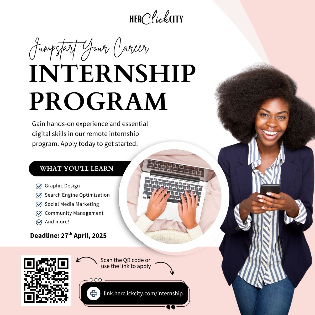 *🚨 Internship Opportunity!*

 If you're a graduate living in Enugu and want to learn digital skills like:
* Content Marketing
* Graphic Design
* SEO
* Social Media Marketing 
* and more...
…this is your chance! 

Deadline: 27th April

 👉 *Apply here:* link.herclickcity.com/internship