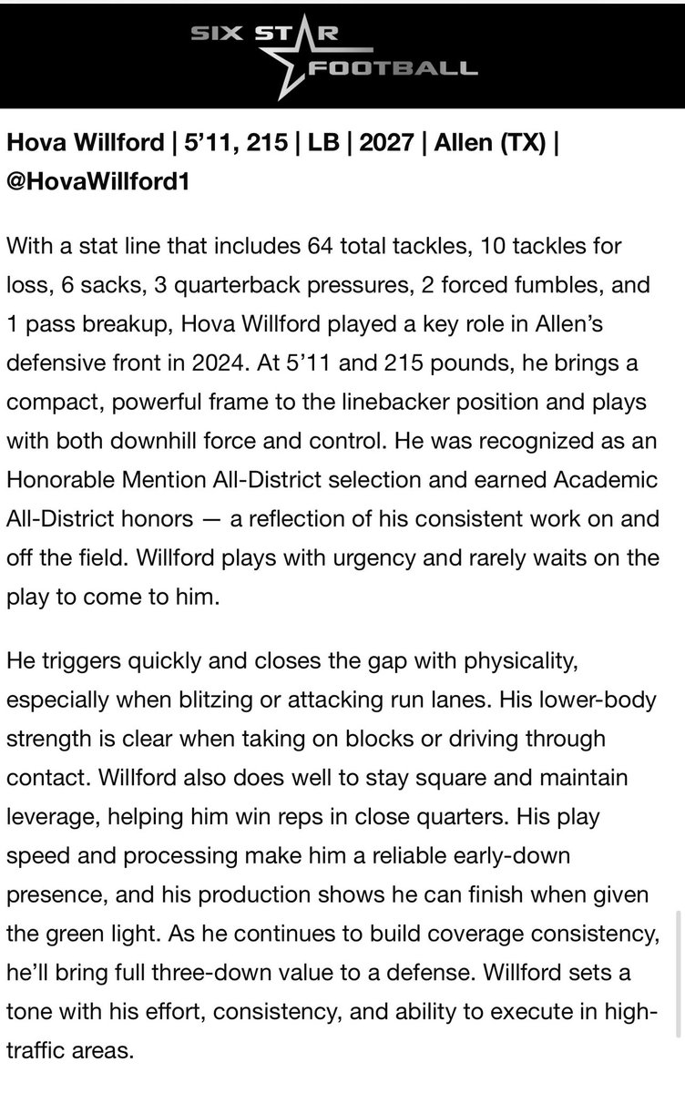HovaWillford1's tweet photo. Appreciate the write-up @sixstarfootball. Blessed for the opportunity to keep growing and improving every day. Just staying focused on the ultimate team goal. ๐
ฐ๏ธ๐
#RecruitTheA| #BTB | #AllenNation
@CoachLWig @ChaseHargis @CoachIngraham @Coach_Gonzales
@KoreenBurch @UANextFootball @uaallamerica @On3Recruits @MaxPreps @Ricoknowstiktok
@TXTopTalent @247fbrecruiting
@TheUCReport @dctf @LemmingReport
@Rivals @ErikRichardsUSA @AWilliamsUSA
@RustyMansell_
@PrepRedzoneOK @PrepRedzoneTX
@Prep2Play
@AABonNBC @NextLevelD1
@TexasFootball @OU_Football @12thMan
@TexasTechFB @TCUFootball
@SMUFB @BUFootball @MeanGreenFB
@UHCougarFB @UTSAFTBL
@uscfb @UCLAFootball @SMUFB @ColoradoStateU @BUFootball