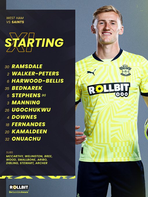 Southampton's starting XI at West Ham, featuring Flynn Downes as the featured player in the yellow and navy away kit: Ramsdale, Walker-Peters, Harwood-Bellis, Bednarek, Stephens (c), Manning, Ugochukwu, Downes, Fernandes, Kamaldeen, Onuachu.

SUBS: McCarthy, Welington, Bree, Wood, Smallbone, Aribo, Dibling, Stewart, Archer.