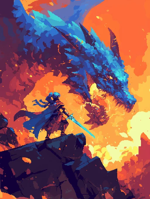  さっきのやつの派生プロンプトDraw me an 8bit, dot picture, pixel art, sci-fi style pixel poster of a flying dragon and a female knight fighting it. The background is the Earth floating in space, low-resl, --niji 6 