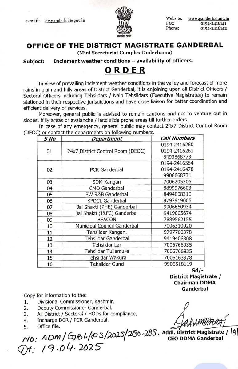 In view of the inclement weather conditions,  District Admin advises the general public to remain cautious and avoid venturing in slopes or hilly areas. In case of any emergency, citizens are urged to promptly contact the District Control Room for assistance
<a href="/diprjk/">Information & PR, J&K</a> 
<a href="/DivComKash/">Divisional Commissioner Kashmir</a>