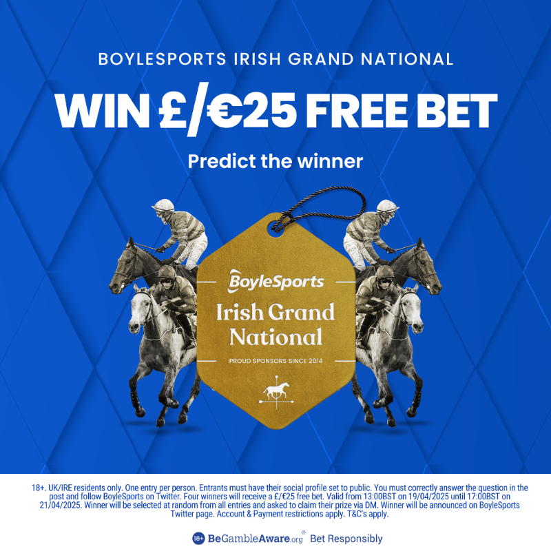 BoyleSports's tweet photo. 🏇 Choose wisely and you can win a £/€25 Free Bet!

To enter:
✅ Follow @BoyleSports
🔁 Retweet this post
💬 Predict the BoyleSports Irish Grand National winner.

🔞 Click below for full terms &amp; conditions.