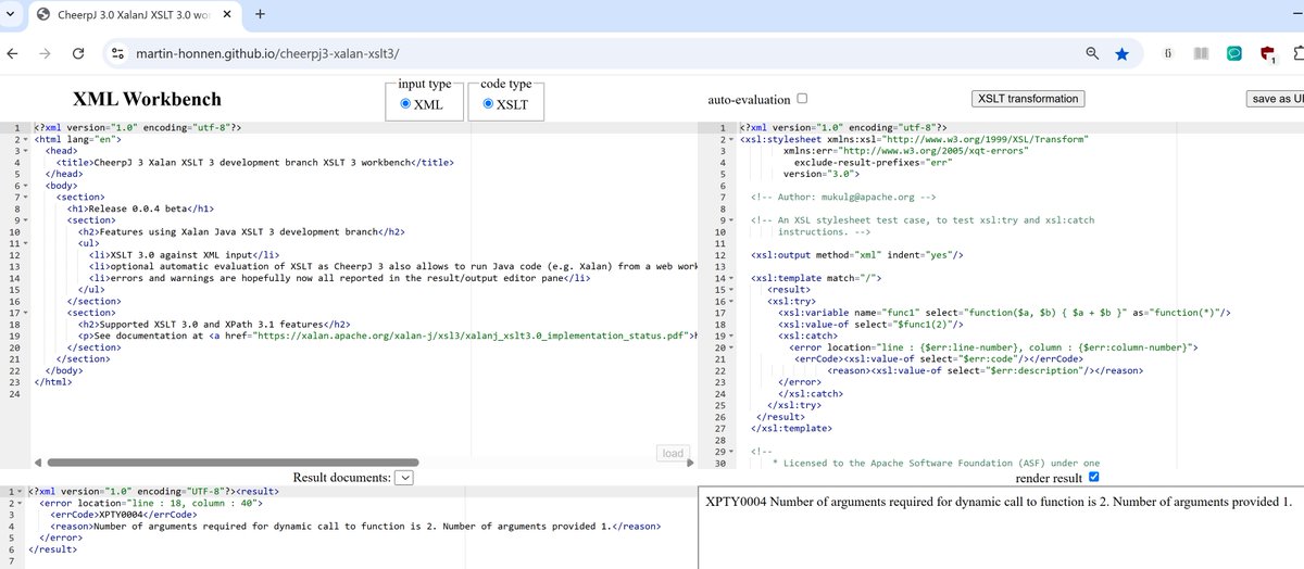 XSLT_knowmad's tweet photo. xsl:try/catch support has landed in the #XSLT 3.0 development branch of Apache #Xalan, I have updated my browser based, #CheerpJ powered fiddle https://t.co/t95MbKOrlX to use the latest version: https://t.co/YYw5IZpmgU