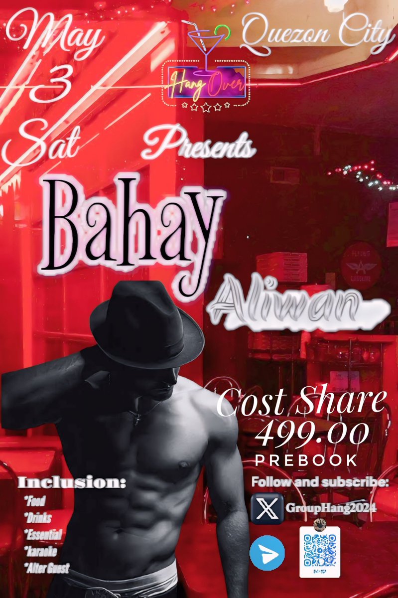 HangOver Group Presents!
"BAHAY ALIWAN'
When:May 3, 2025
Time: 8:00 PM
Loc: Quezon City
INCLUSION:
🍷DRINKS
🍗 PULUTAN
🛏️FUN ROOM
🧼ESSENTIALS
🎭W/ ALTER GUEST
<a href="/Altermanila25/">Alter Manila</a> <a href="/KentAyala7/">Kent Ayala</a> <a href="/VersaTwinkPque/">Don Moreno The Explorer</a> <a href="/romillomark/">🅱️UNS⭕️Ve®️s@</a> <a href="/3bulitss/">๔ᵃ 🅱ⓤⓁ乇 𝕋𝕥𝓼</a> <a href="/altermindorenio/">Ⓜ️inDoreni⭕ ᴺᵉʷ ᴬᶜᶜᵒᵘⁿᵗ</a>
DM <a href="/GroupHang2024/">HangOver Group</a>
