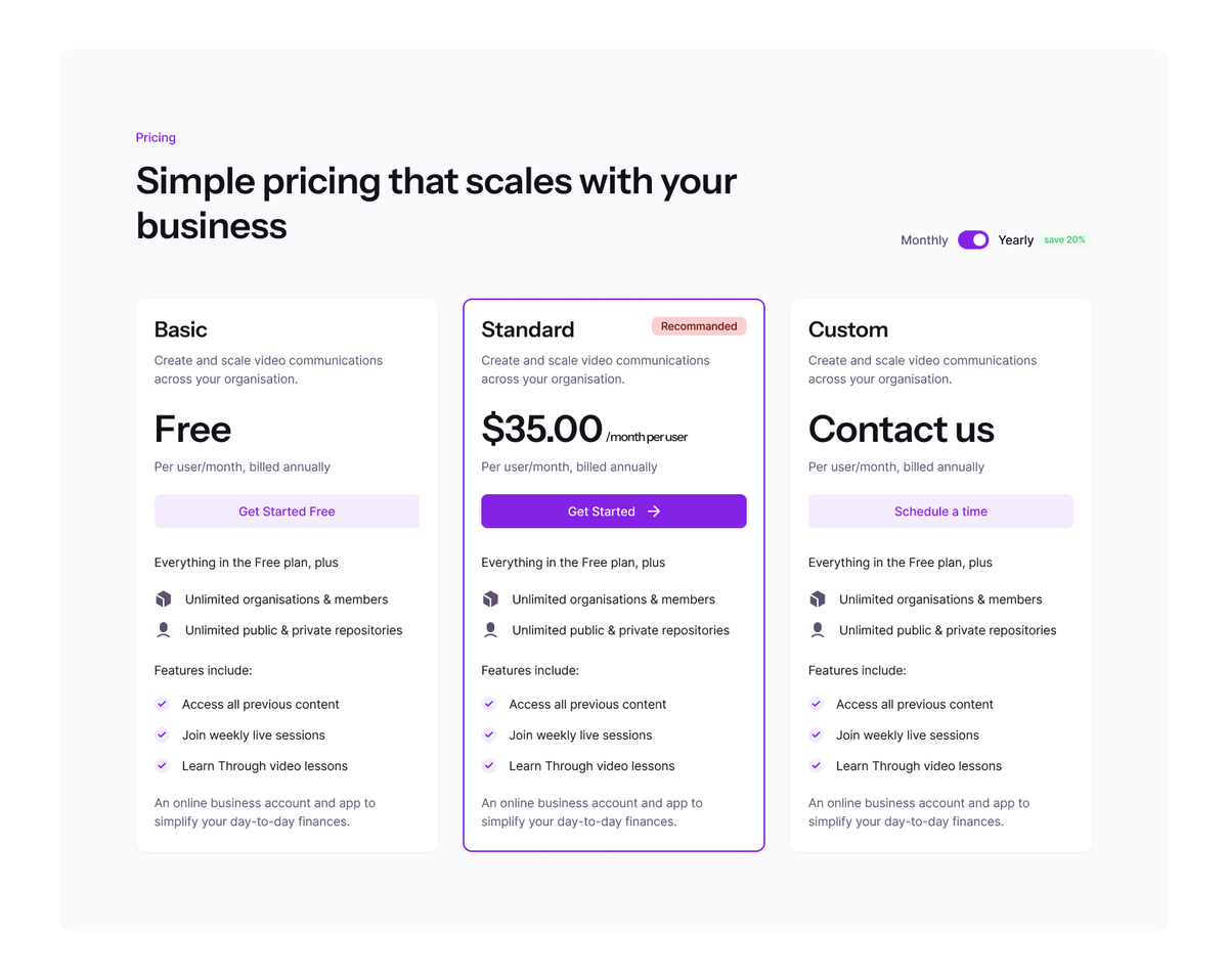 Simple pricing section
