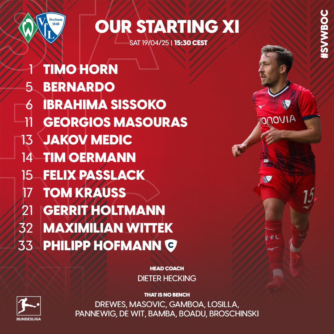VfLBochum1848EN's tweet photo. Here's our starting XI to take on Werder Bremen! Dieter #Hecking makes 2⃣ changes from last weekend:

⬅️ #Bero, #Ordets 
➡️ #Medic, #Holtmann 

#meinVfL #SVWBOC https://t.co/HS4FoHn5s0
