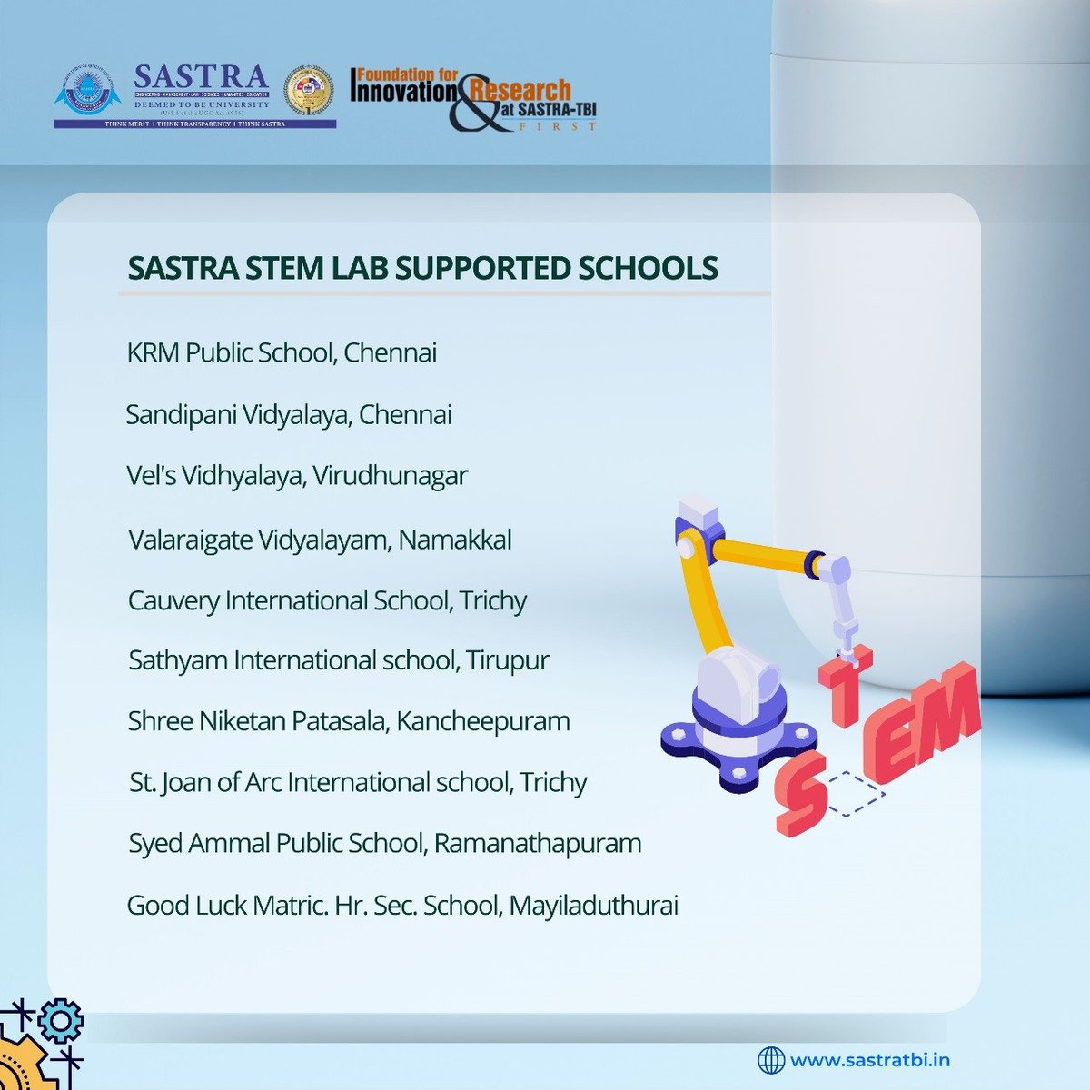 We're shaping tomorrow’s innovators today.

Congratulations to the 10 selected schools — your journey with STEM starts now!

#STEMforAll #InnovationInEducation #FIRSTTBI #SASTRA_STEM