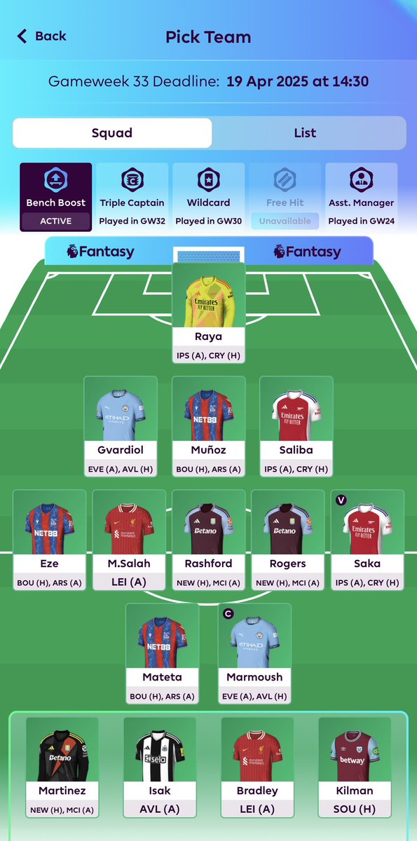 🔒 DGW33 Bench Boost active
♻️ Cucurela -&gt; Kilman
♻️ Livramento -&gt; Bradley
♻️ Murphy -&gt; Rogers (-4)
🧢 Marmoush

🍀 Good Luck

#FPL #FPLCommunity #DGW33 #benchboost