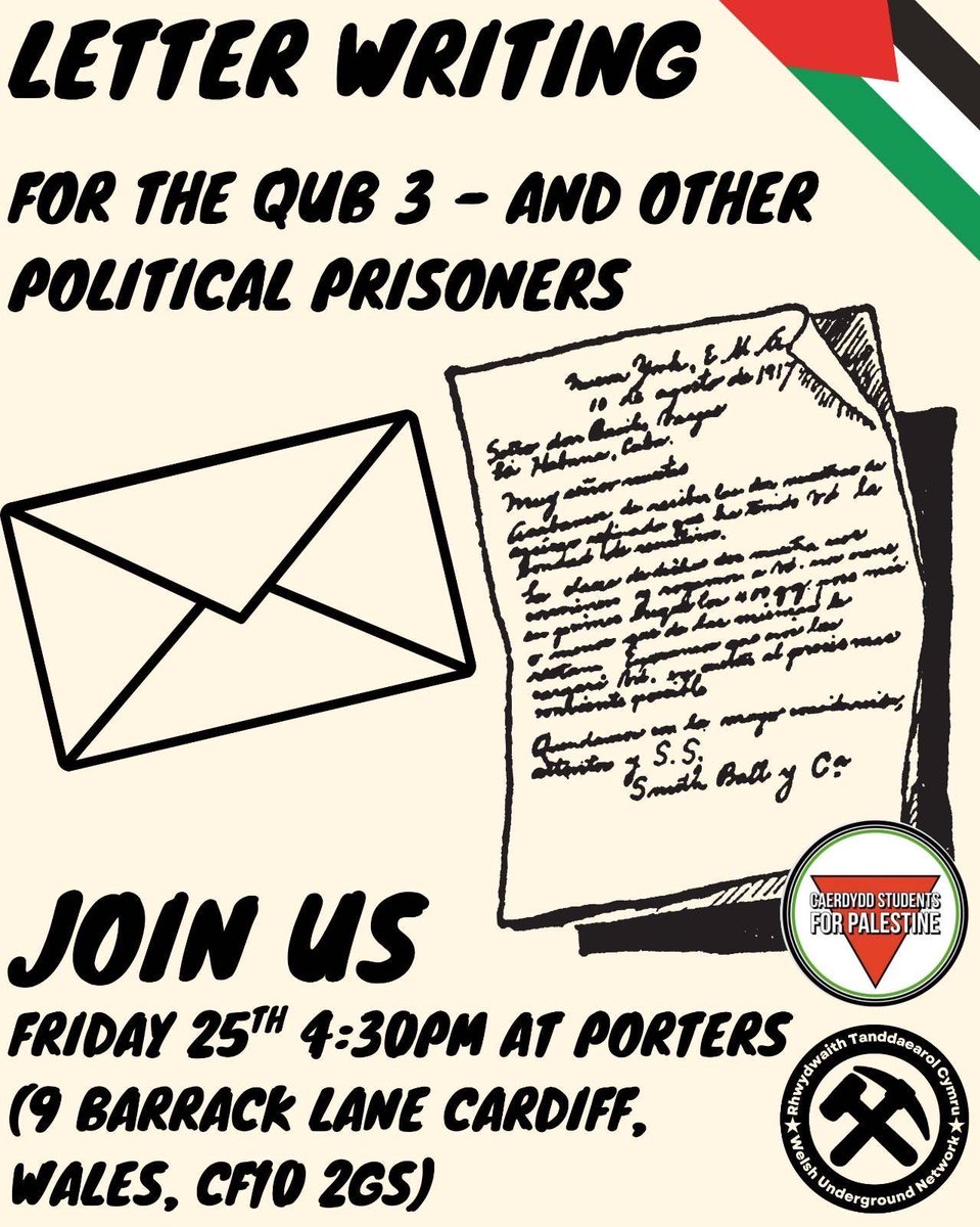 For those suffering for taking action to end genocide and other crimes of the imperialist order, one of the most important acts of solidarity we can take is writing to them.

Join us! Friday 25th April, Porters, Cardiff at 16:30

9 Barrack Lane, CF10 2GS