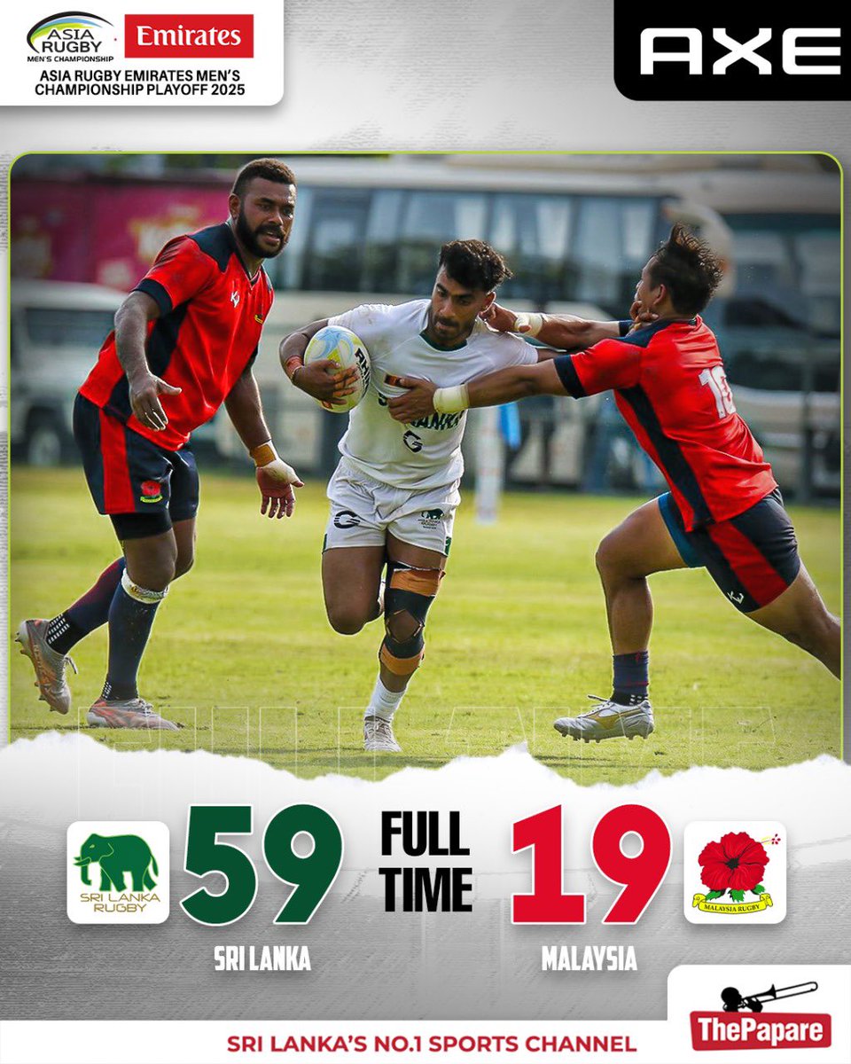 Sri Lanka dazzles the home crowd with breathtaking running rugby to outclass Malaysia and book their spot in the Asia Men’s Rugby Championship 2025!

Coverage Powered by <a href="/AXE/">AXE</a> 

#AsiaRugby #SriLankaRugby #ThePapareRugby