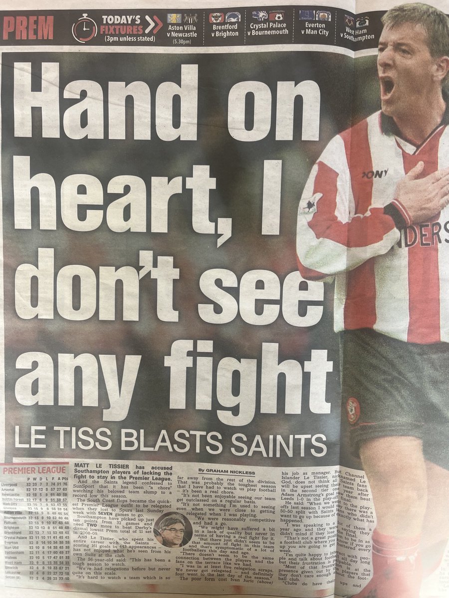 One-club man Matt Le Tissier faced FIVE relegation battles with Southampton and never went down-no wonder he tells me in today’s Sun the current players didn’t have the heart to stay up! #saints #premierleague #mattletissier