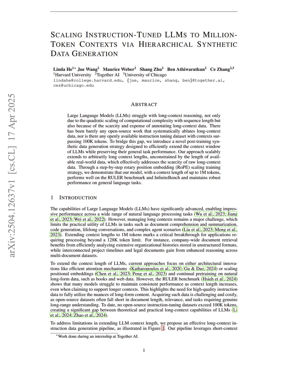 Scaling Instruction-Tuned LLMs to Million-Token Contexts via Hierarchical Synthetic Data Generation

"we introduce a novel post-training synthetic data generation strategy designed to efficiently extend the context window of LLMs while preserving their general task performance.