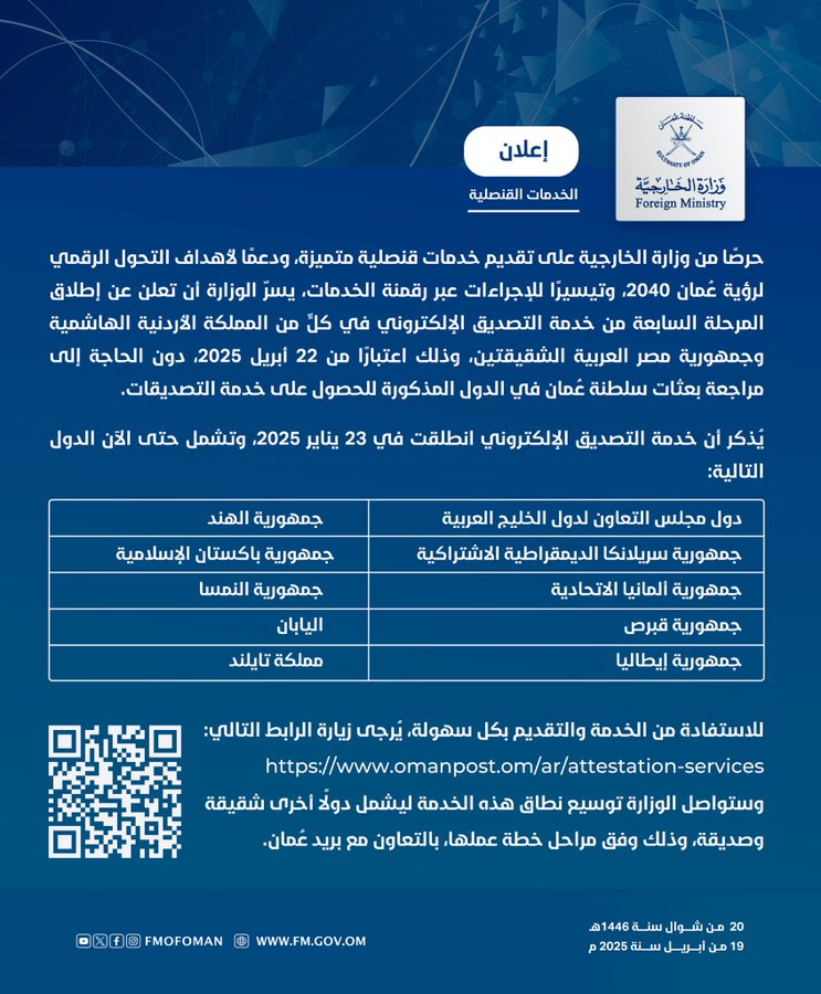 لوحة تتضمن النص الآتي: حرصًا من وزارة الخارجية على تقديم خدمات قنصلية متميزة، ودعمًا لأهداف التحول الرقمي لرؤية عُمان 2040، وتيسيرًا للإجراءات عبر رقمنة الخدمات، يسرّ الوزارة أن تعلن عن إطلاق المرحلة السابعة من خدمة التصديق الإلكتروني في كلٍّ من المملكة الأردنية الهاشمية وجمهورية مصر العربية الشقيقتين، وذلك اعتبارًا من 22 أبريل 2025، دون الحاجة إلى مراجعة بعثات سلطنة عُمان في الدول المذكورة للحصول على خدمة التصديقات. يُذكر أن خدمة التصديق الإلكتروني انطلقت في 23 يناير 2025، وتشمل حتى الآن الدول التالية: للاستفادة من الخدمة والتقديم بكل سهولة، يُرجى زيارة الرابط التالي: https://www.omanpost.om/ar/attestation-services