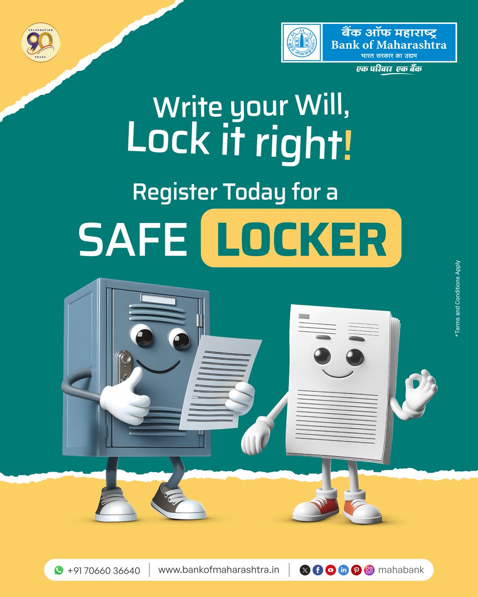 mahabank's tweet photo. Don't leave your important documents to chance. Secure your Legal Will and other valuables in a Safe Deposit Locker at Bank of Maharashtra. Your legacy deserves the best protection. Register today!
For online registration, click https://t.co/1gOWhf5S4I
#BoMTurns90 #SafeLockers https://t.co/Ztumoxovzy