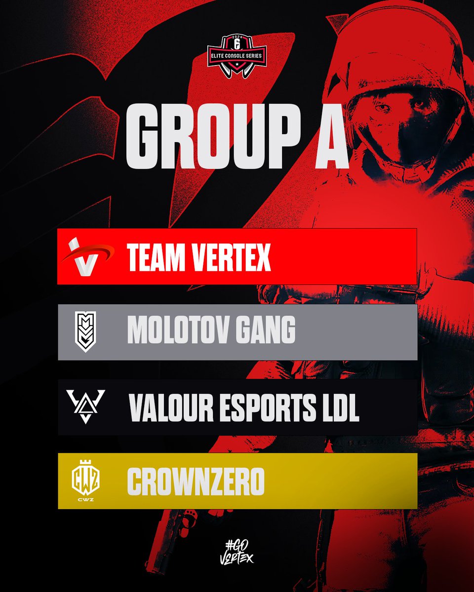 Team Vertex (@vrtexde) on Twitter photo Our group in the <a href="/ECS_2024/">Elite Console Series</a> Season 9 ⬇🥵
◾ <a href="/VrtexDE/">Team Vertex</a>
◾ <a href="/MvG2021Official/">MolotovGang</a>
◾ <a href="/Valour_GG/">Valour eSports</a> LDL
◾ <a href="/CrownZero_CwZ/">Crown Zero</a>
#Rainbow6Siege #VertexR6 #govertex Our group in the <a href="/ECS_2024/">Elite Console Series</a> Season 9 ⬇🥵
◾ <a href="/VrtexDE/">Team Vertex</a>
◾ <a href="/MvG2021Official/">MolotovGang</a>
◾ <a href="/Valour_GG/">Valour eSports</a> LDL
◾ <a href="/CrownZero_CwZ/">Crown Zero</a>
#Rainbow6Siege #VertexR6 #govertex