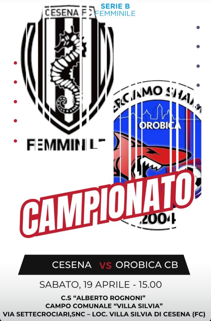 Match day 😎
Al centro sportivo ALBERTO ROGNONI 🏟️ di Cesena va in scena il match contro il Cesena 🖤🤍
Appuntamento per tutti gli appassionati alle ore 15 🕒
#GOSHARKS❤️💙⚽⚽