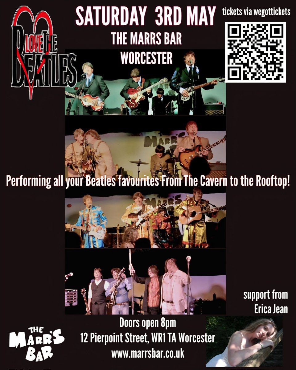 Beatles fans in Worcester,  Birmingham, West Midlands &amp; beyond! The elite of Beatles tribute performers have come together in one mighty Beatles tribute band called Love The Beatles &amp; will be in Worcester at the <a href="/marrs_bar/">Marrs Bar</a> on 3rd May
Grab a ticket asap👇
wegottickets.com/event/639493