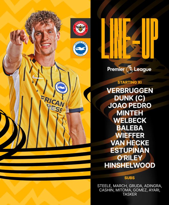 Albion's team graphic featuring Mats in our away kit: Verbruggen, Dunk (C), Joao Pedro, Minteh, Welbeck, Baleba, Wieffer, van Hecke, Estupinan, O'Riley, Hinshelwood. Subs: Steele, March, Gruda, Adingra, Cashin, Mitoma, Gomez, Ayari, Tasker. 

Come on Albion!